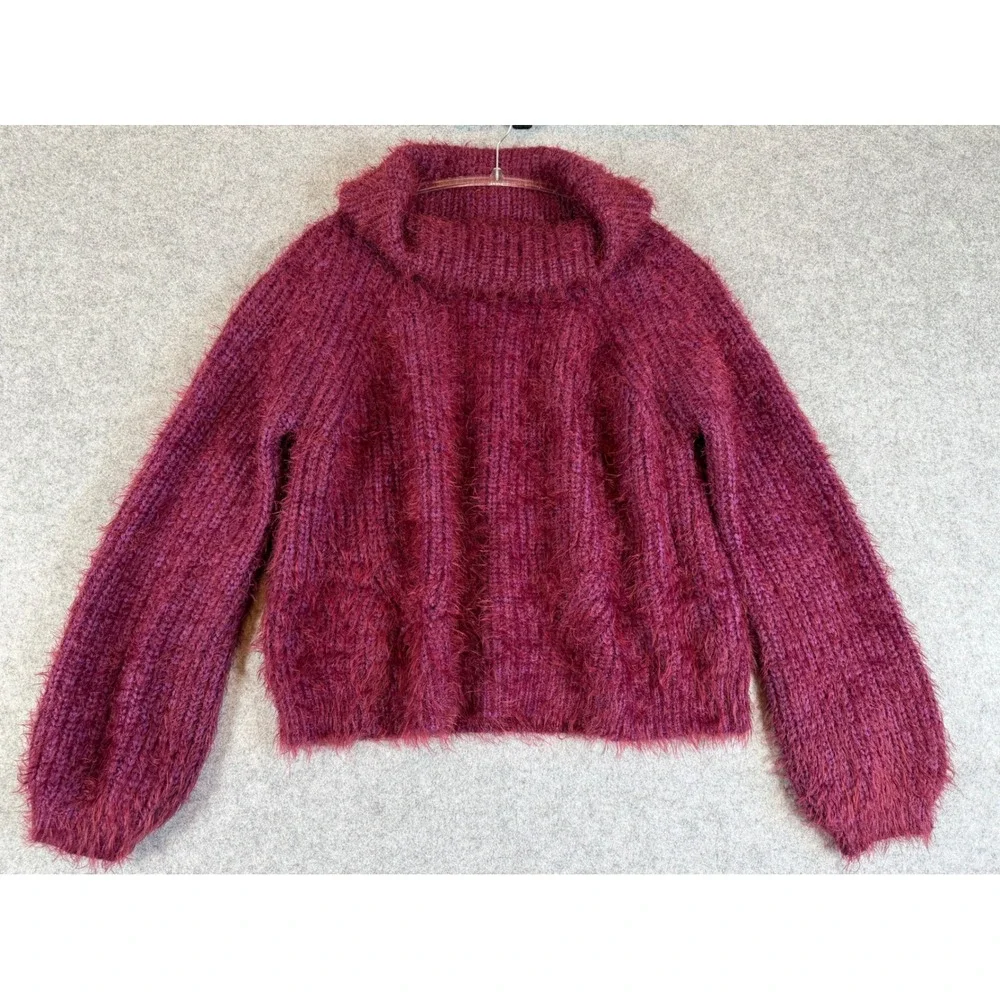 Lucy Paris Cowl Neck Sweater Womens XS Magenta Excellent Fuzzy Eyelash Knit
